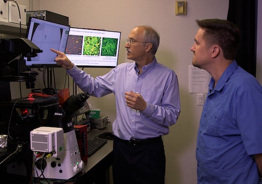 Rice University bioscientist Yousif Shamoo, left, discusses his work with biologist Scott Solomon for the Coursera series of courses on ecology, evolution and biodiversity. Courtesy of Rice Online Learning