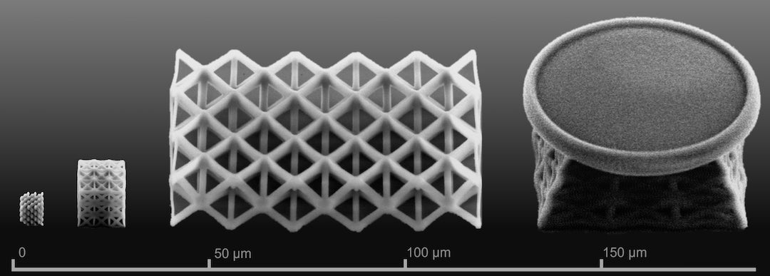 Delicate structures printed by materials scientists at Rice University as seen in microscope images. Sintering turns them into either glass or cristobalite. (Credit: The Nanomaterials, Nanomechanics and Nanodevices Lab/Rice University)