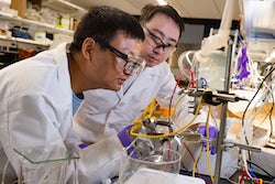 Rice University postdoctoral associate Zhen-Yu Wu, left, and graduate student Feng-Yang Chen are co-lead authors of a study that introduced nickel-doped ruthenium as a candidate to replace expensive iridium in anode catalysts that split water into hydrogen and oxygen. (Credit: Jeff Fitlow/Rice University)
