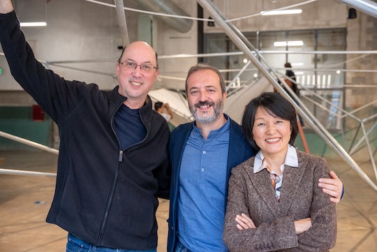 From left, Rice University’s Kurt Stallmann, a professor of composition and theory, Juan José Castellón, an assistant professor of architecture, and Qilin Li, a professor of civil and environmental engineering, are collaborators on “Building Ecologies,” an installation at the former downtown Houston post office. Photo by Brandon Martin