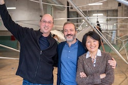 From left, Rice University’s Kurt Stallmann, a professor of composition and theory, Juan José Castellón, an assistant professor of architecture, and Qilin Li, a professor of civil and environmental engineering, are collaborators on “Building Ecologies,” an installation at the former downtown Houston post office. (Credit: Brandon Martin/Rice University)