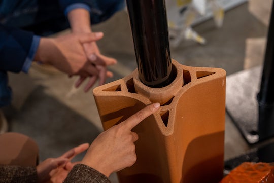 A module of the ceramic columns that will support Rice University’s installation at Post Houston. Faculty members are installing “Building Ecologies” to demonstrate a “circular” strategy that incorporates environmental systems into architecture. Photo by Brandon Martin