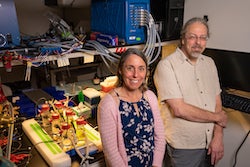 Rice University synthetic biologists Caroline Ajo-Franklin and Joff Silberg and their labs have developed programmable bacteria that sense contaminants and release an electronic signal in real time. (Credit: Brandon Martin/Rice University)