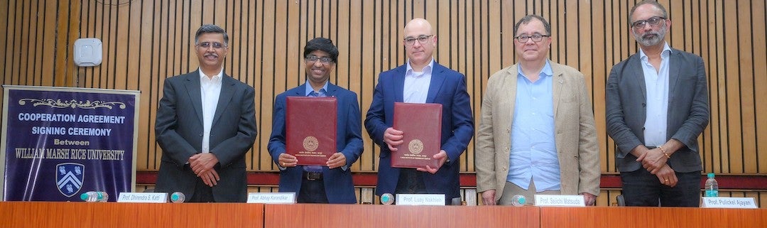 Rice University and the Indian Institute of Technology Kanpur (IITK) have signed a three-year cooperation agreement to collaborate on research. From left, Professor Dhirendra Katti, dean of international relations at IITK; Professor Abhay Karandikar, IITK director; Luay Nakhleh, dean of the George R. Brown School of Engineering; Seiichi Matsuda, dean of graduate and postdoctoral studies at Rice, and Pulickel Ajayan, chair of Rice's Department of Materials Science and NanoEngineering. Photo courtesy of IITK