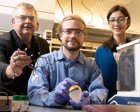 A Rice University lab has discovered a path to synthesis of a rare molecule drawn from poppies, setigerumine I. The molecule could become a building block for painkillers and other drugs. From left, Rice researchers László Kürti, holding a model of the molecule; lecturer Juha Siitonen, holding a flask of the synthesized setigerumine I, and undergraduate Anavi Serna. (Credit: Jeff Fitlow/Rice University)