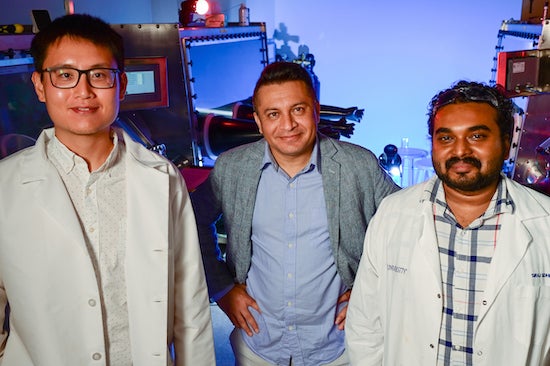 Rice University graduate student Wenbin Li, chemical and biomolecular engineer Aditya Mohite and graduate student Siraj Sidhik led the project to produce toughened 2D perovskites for efficient solar cells. (Credit: Jeff Fitlow