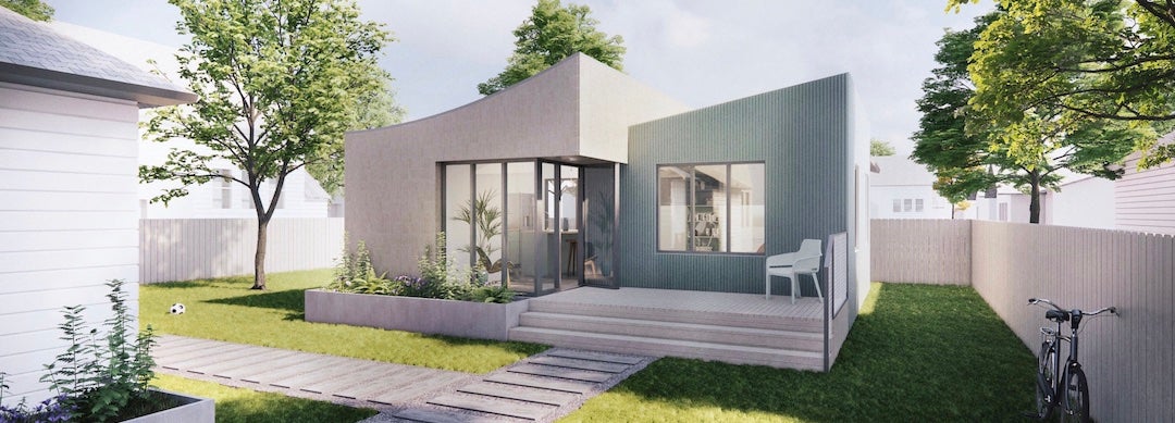 A rendering of “Double House,” an accessory dwelling unit design by Rice University master of architecture students Siobhan Finlay and Adam Berman. Their design won a City of Houston competition and will be available for free to the public. (Credit: Siobhan Finlay/Adam Berman)