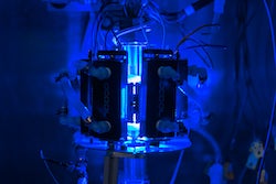 The photocatalytic platform used on tests of copper-iron plasmonic photocatalysts for hydrogen production from ammonia. (Credit: Photo by Brandon Martin/Rice University)
