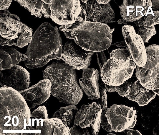 Flash-recycled anode particles as seen under through a scanning electron microscope. The particles are recovered from lithium-ion batteries and treated through Rice University’s flash Joule heating process. (Credit: Tour Group/Rice University)