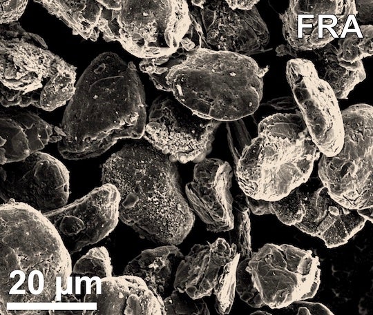 Flash-recycled anode particles as seen under through a scanning electron microscope. The particles are recovered from lithium-ion batteries and treated through Rice University's flash Joule heating process. (Credit: Tour Group/Rice University)