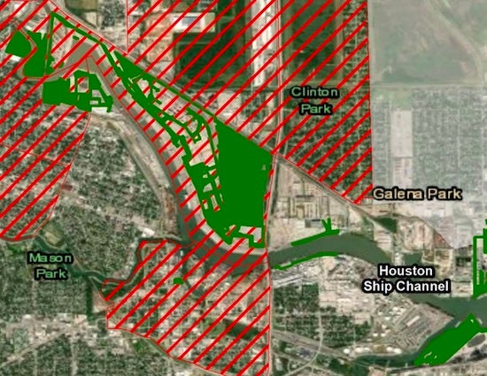 Rice University statisticians matched health data from earlier studies that linked asthma attacks among schoolchildren and cardiac arrest to pollution in Houston neighborhoods to determine where planting “super trees” would have the most benefit. In this map, the red hatch marks show regions of high incidence of ambulance-treated asthma attacks and/or cardiac arrest.