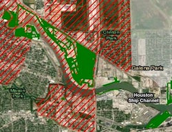 Rice University statisticians matched health data from earlier studies that linked asthma attacks among schoolchildren and cardiac arrest to pollution in Houston neighborhoods to determine where planting “super trees” would have the most benefit. In this map, the red hatch marks show regions of high incidence of ambulance-treated asthma attacks and/or cardiac arrest. 