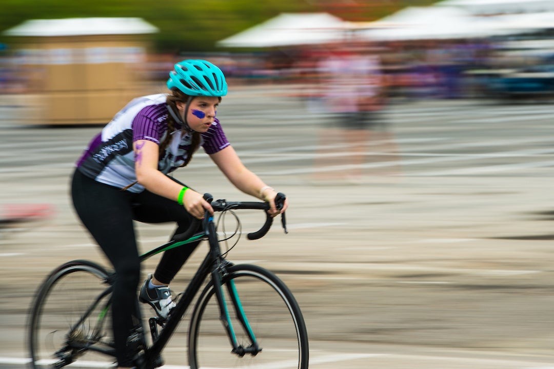 A Rice student participates in Beer Bike on April 1, 2023.