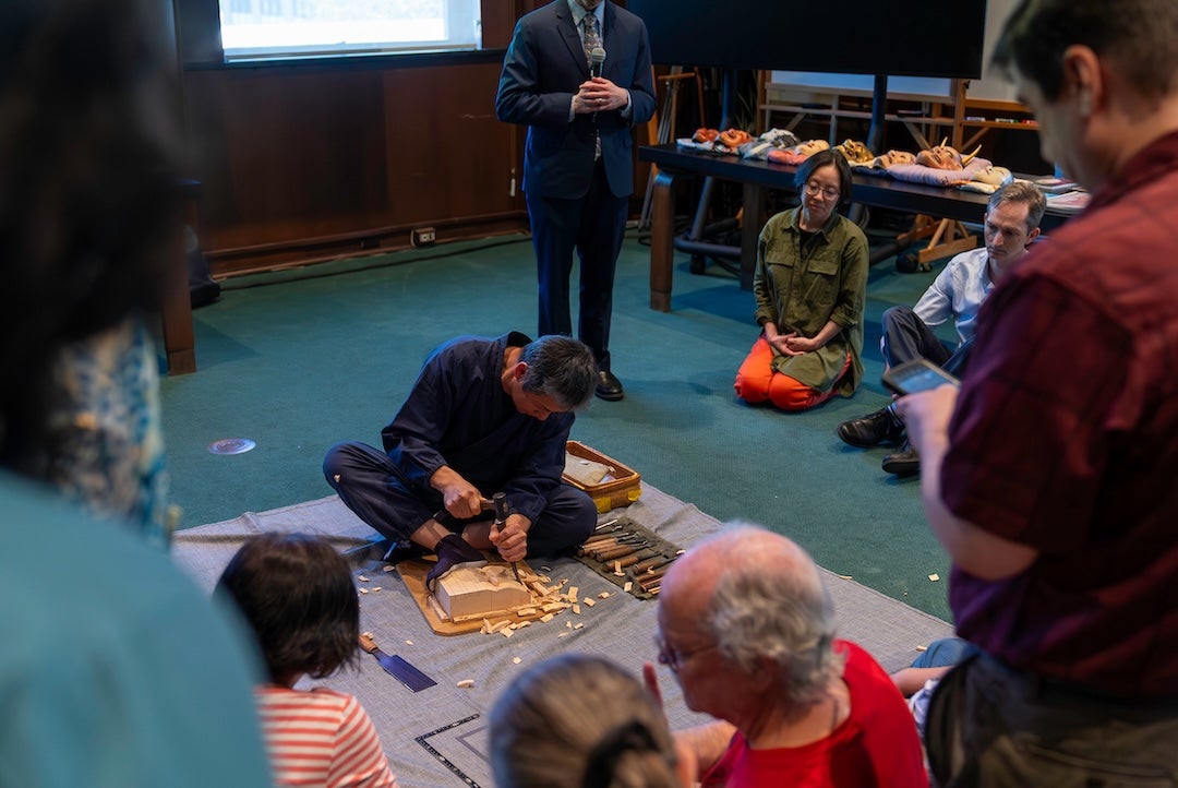 Hideta Kitazawa, a second-generation woodcarving artist from Tokyo, gave a lecture and demonstration on the artistry of noh masks at Rice University April 2.