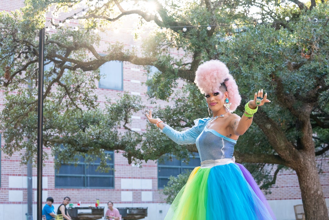 Drag queen performing at grad student Pride event 2022