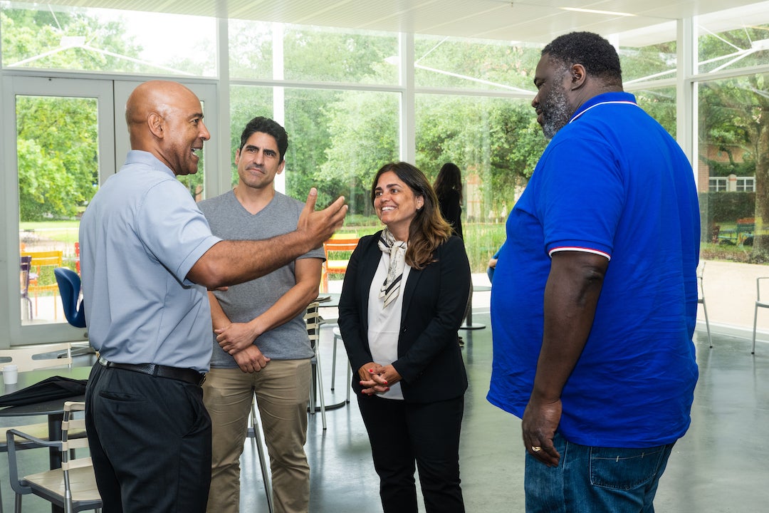 DesRoches in conversation with Rice faculty at Brochstein Pavilion.