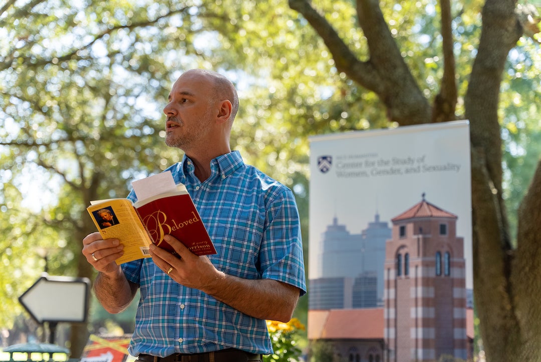 Rice professor Brian Riedel reads from Beloved at banned books read out event