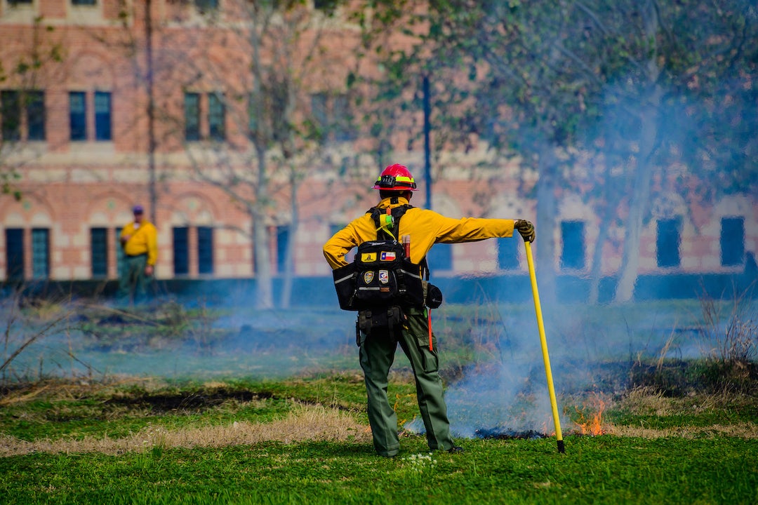 Rice University conducts a controlled burn of its Prairie Plots on campus Feb. 28, 2023.