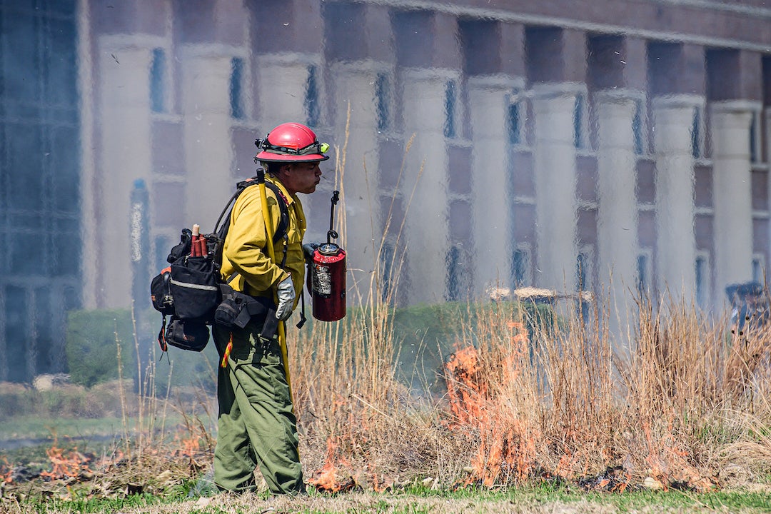Rice University conducts a controlled burn of its Prairie Plots on campus Feb. 28, 2023.