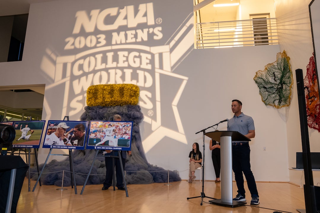 Players and coaches from the 2003 Rice baseball team celebrate the 20-year anniversary of the team's title run during a March 24 event dubbed "A Championship Celebration."