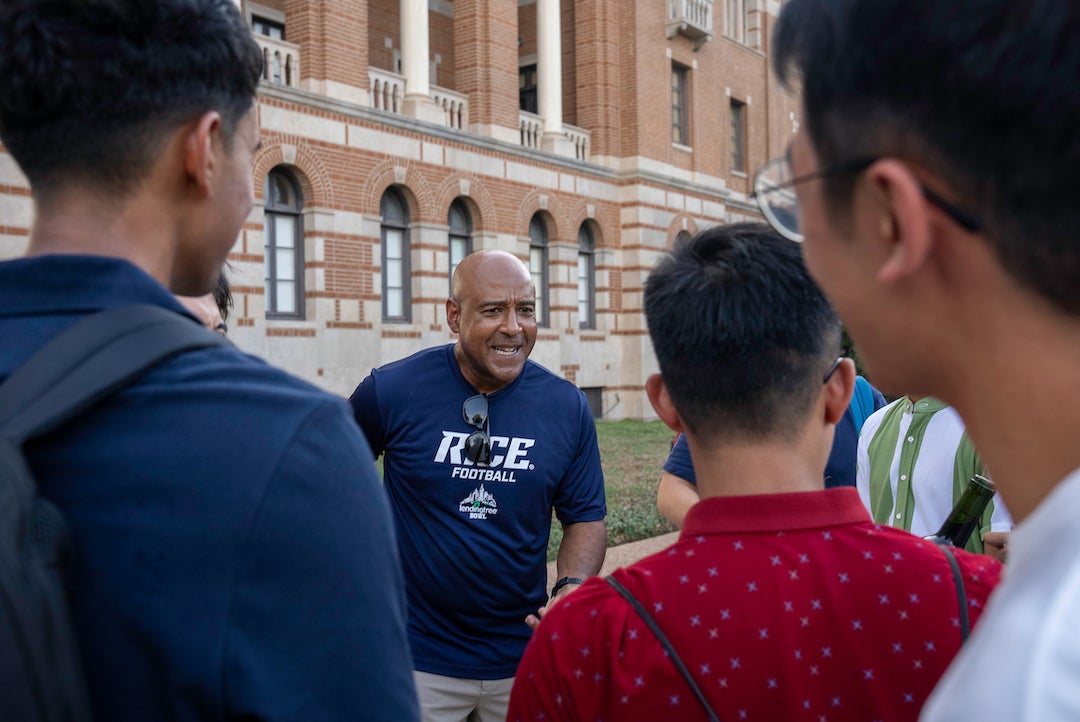 Rice University President Reginald DesRoches welcomed new graduate students with a tasty barbecue meal Aug. 15. 