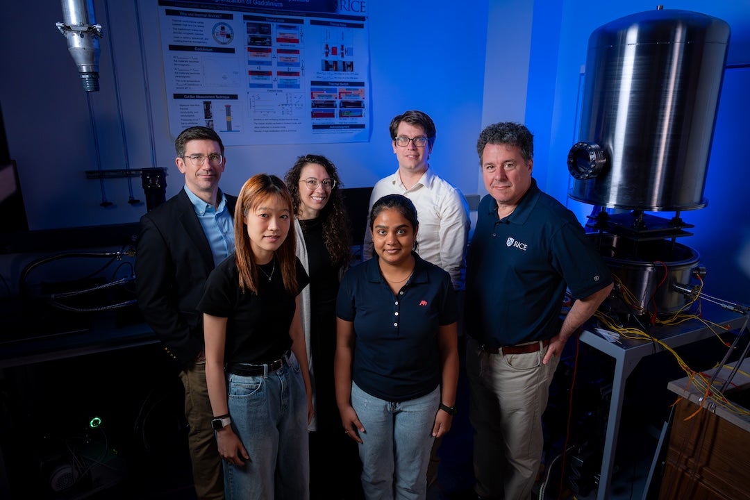 From left to right, Daniel J. Preston; Hung-Yu “Iris” Lin, a PhD student in Preston’s lab and part of the research team; Vanessa Sanchez; Monisha Vijay Kumar; Geoff Wehmeyer and Matteo Pasquali 