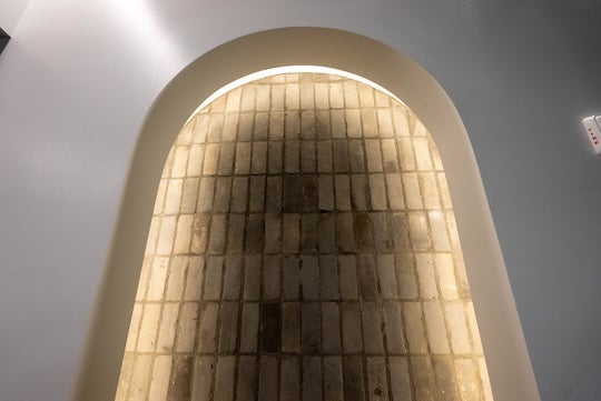 Ancient collection of vintage gray bricks from Shanghai that are under the five interior arches on the first and second floors of the Chao building – the bricks were salvaged in Shanghai and shipped across the ocean to America. Bricks were donated by Frank Liu, a Rice donor, alum and friend of the Chao family. 