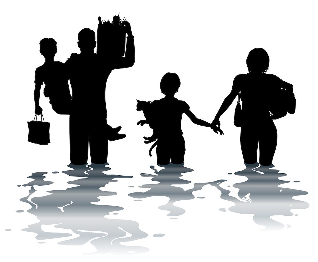 Rendering of family walking in a flood.