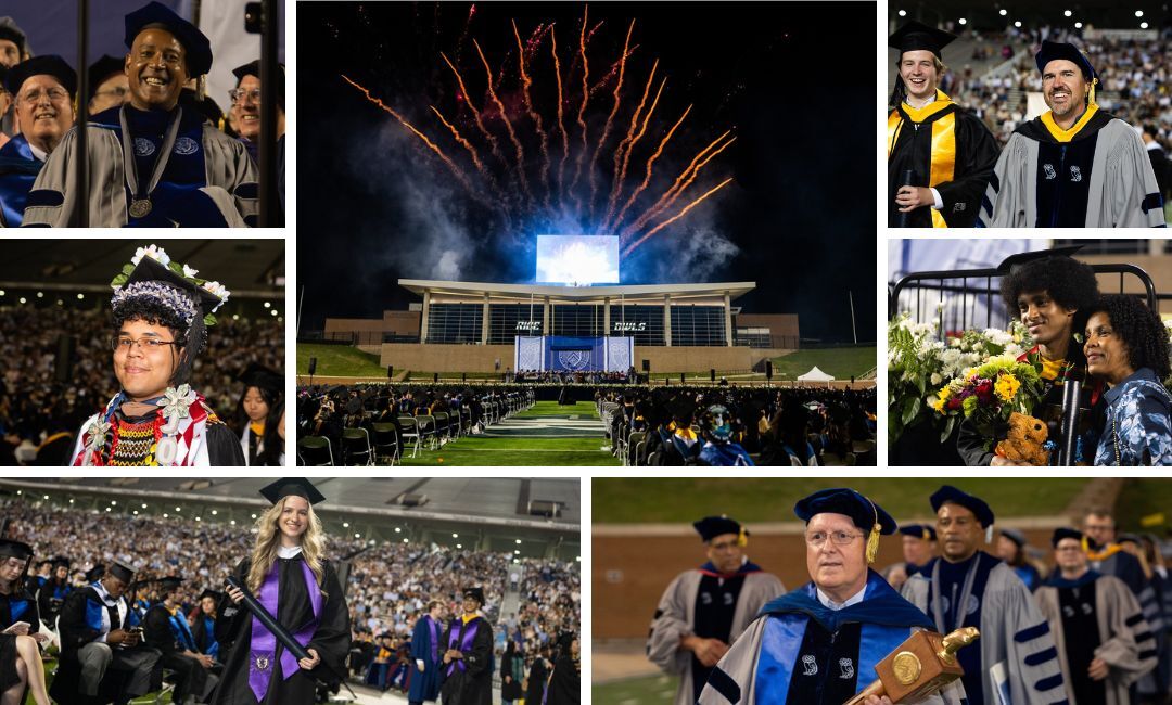 Collage of photos showing Rice's commencement celebration