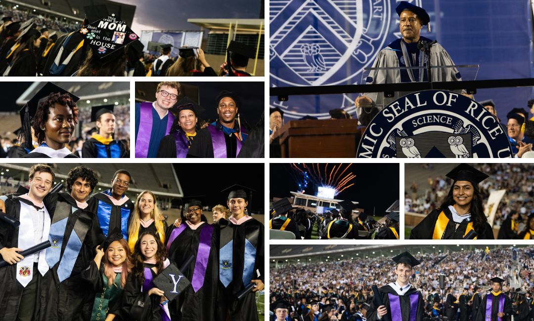 A picture collage of students at Rice's commencement