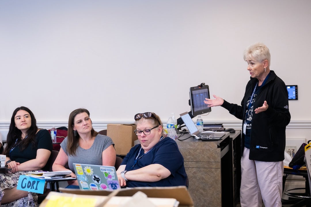 AP Summer Institute teachers listen to their instructor give a lesson.