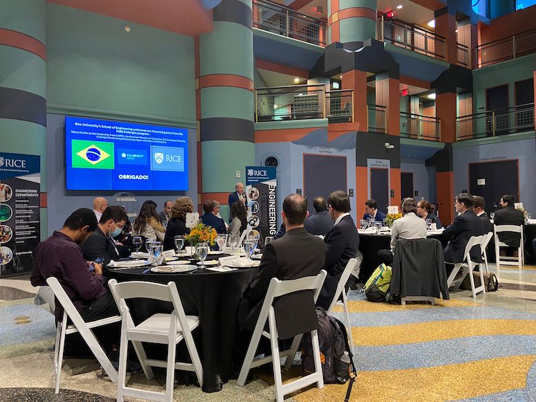 Rice president David Leebron welcomed a delegation from Brazil during a dinner in Duncan Hall Feb. 16, 2022