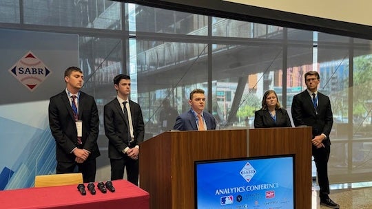Rice students Mark Cohen, Brady Detwiler, Brendan Lloyd, Andersen Pickard and Saylor Robinson present their award-winning project at the 2026 SABR Analytics Conference’s Diamond Dollars Case Competition.