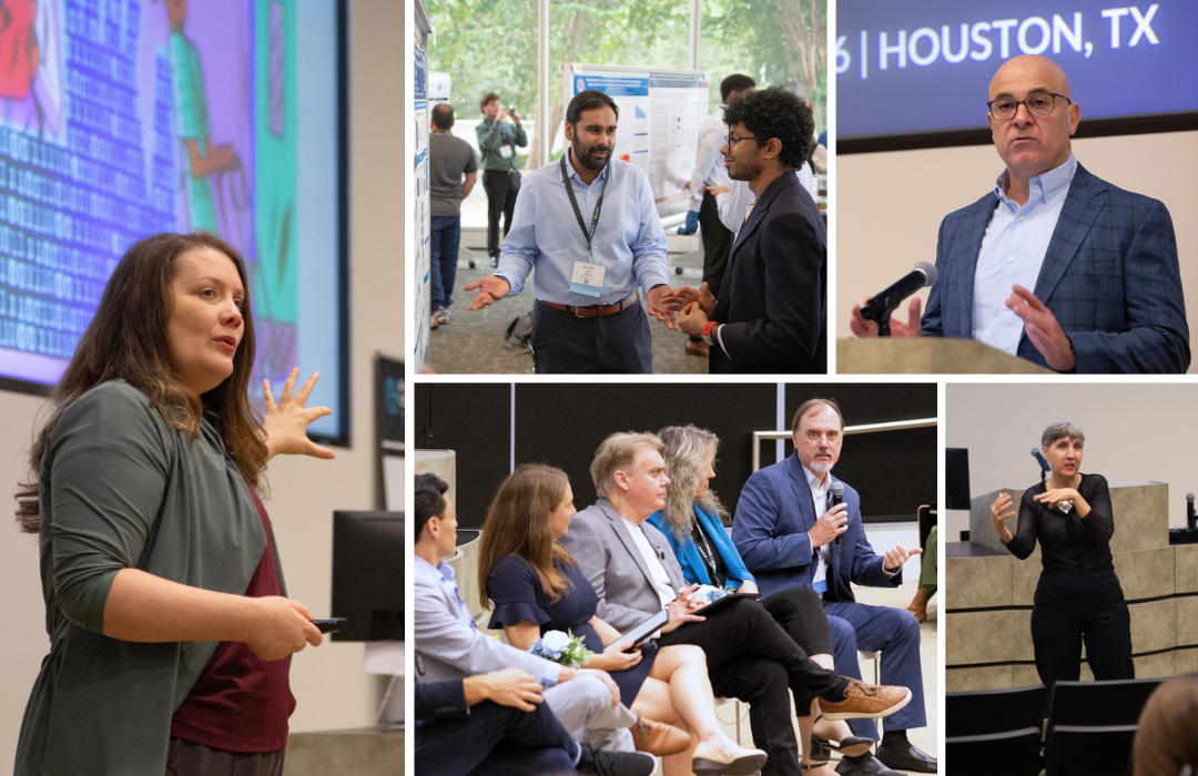Photo collage showing highlights from the AI in Health Conference, including speakers delivering keynotes, panel discussions with researchers and healthcare leaders, poster session networking, and a sign-language interpreter presenting.