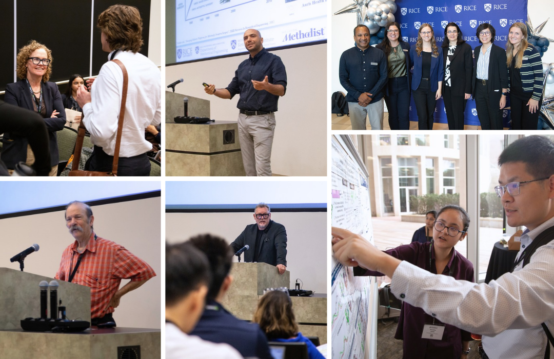 Photo collage featuring scenes from the AI in Health Conference, including speakers at podiums, researchers presenting research posters, event organizers posing in front of a Rice University backdrop, and attendees engaging in discussion.