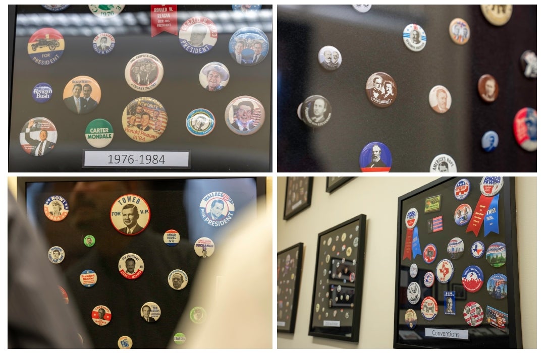 A vast collection of over 900 political campaign buttons was recently donated to the Baker Institute at Rice.