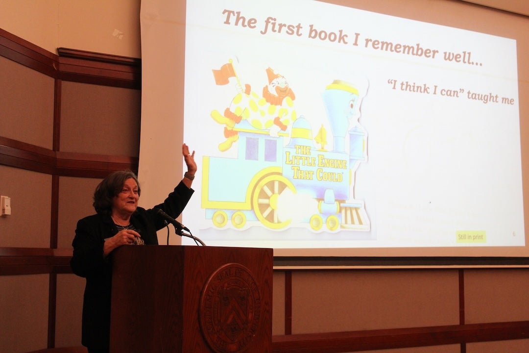 Patricia Reiff speaks at a "Books that Shaped my World" event at Rice in 2026.