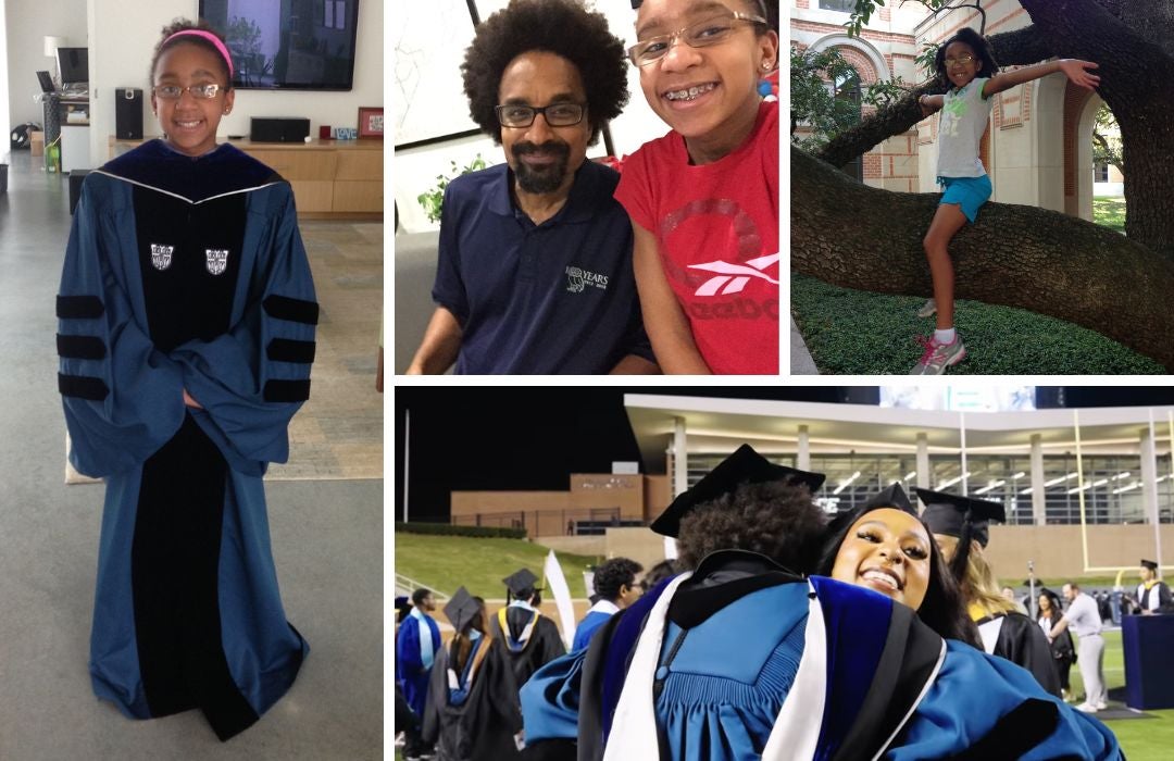Alexander Byrd embraces his daughter, Jenna, at commencement; Photos of Jennas as a child on the Rice campus