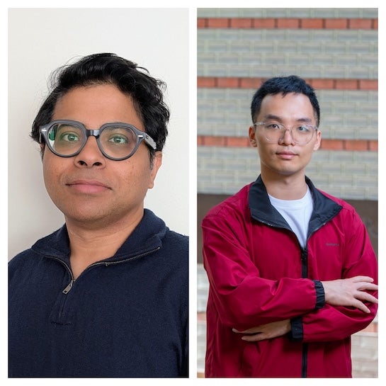 A headshot of an Indian man with round glasses and a pleasant expression and a headshot of a Chinese man in glasses and a red jacket
