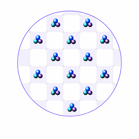 A checkerboard with alternating pink and white squares has three particles bound together in every pink square.
