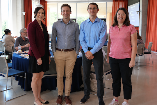 From left, Allie Sinclair, Oren Samet, Kenneth Lowande and Kathy Conklin were featured in the School of Social Sciences’ Sept. 14 Research Relay highlighting new faculty and their research.