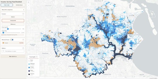 A simulation of a Tax Day-level storm over the Clear Creek watershed shows widespread flooding across suburban neighborhoods, with more than 13,000 homes impacted, many outside designated flood zones. Flood depth is shown in blue, with orange indicating affected homes.