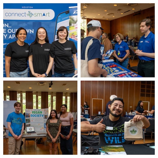 A collection of photos showing people at Earth Festival booths