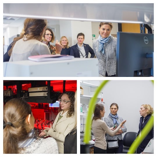 A group of photos in a lab, each depicting a researcher demonstrating science to the Crown Princess and other Swedish dignitaries