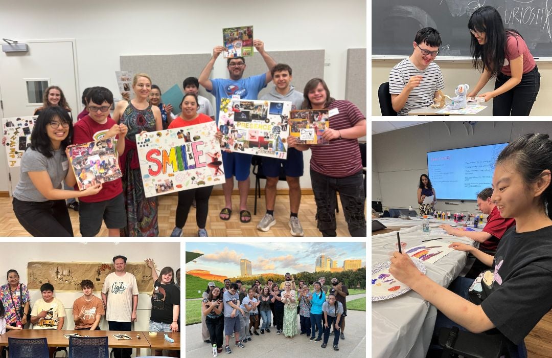 A variety of pictures show students working in the classroom or posing for group photos.