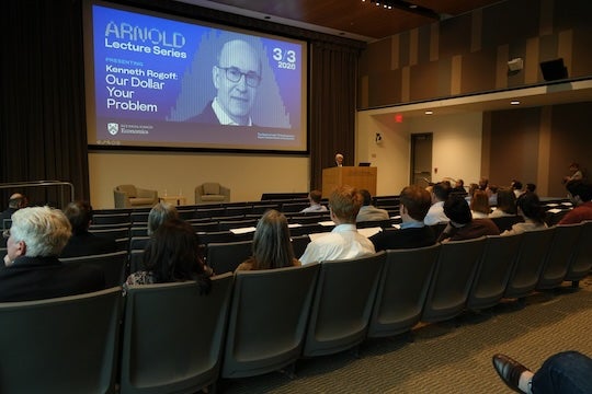 Students, faculty and community members attend the Doyle Arnold ’70 Distinguished Guest Lecture Series in Economics.