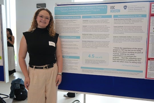 Amelia Brown presents her research evaluating a leadership development program at LISC Houston during the Community Bridges poster showcase.