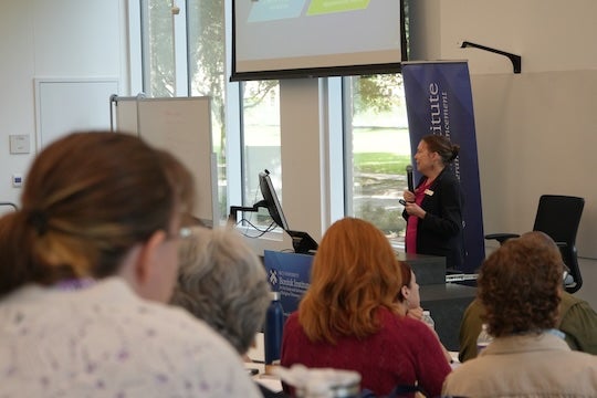 Rice sociologist Elaine Howard Ecklund discusses her research during a recent Boniuk Institute event.