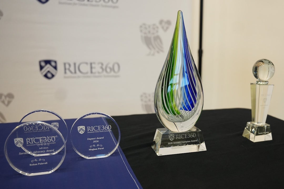 A photo of the awards set out on the table
