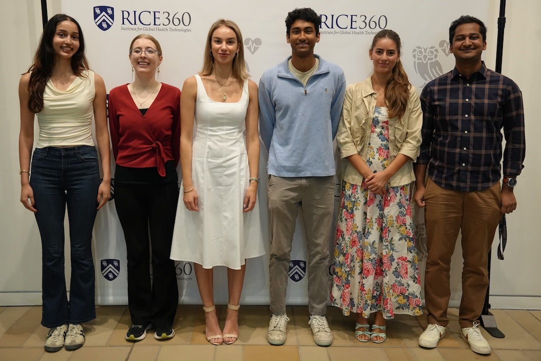 Rice360 global health technologies minor 2026 graduates from left to right: Priyanka Patel, Meghan Paral, Anathea Carrigan, Suran Somawardana, Amalia Kertsikoff and Rohan Palavali. (Photo by Ebony Thornton)